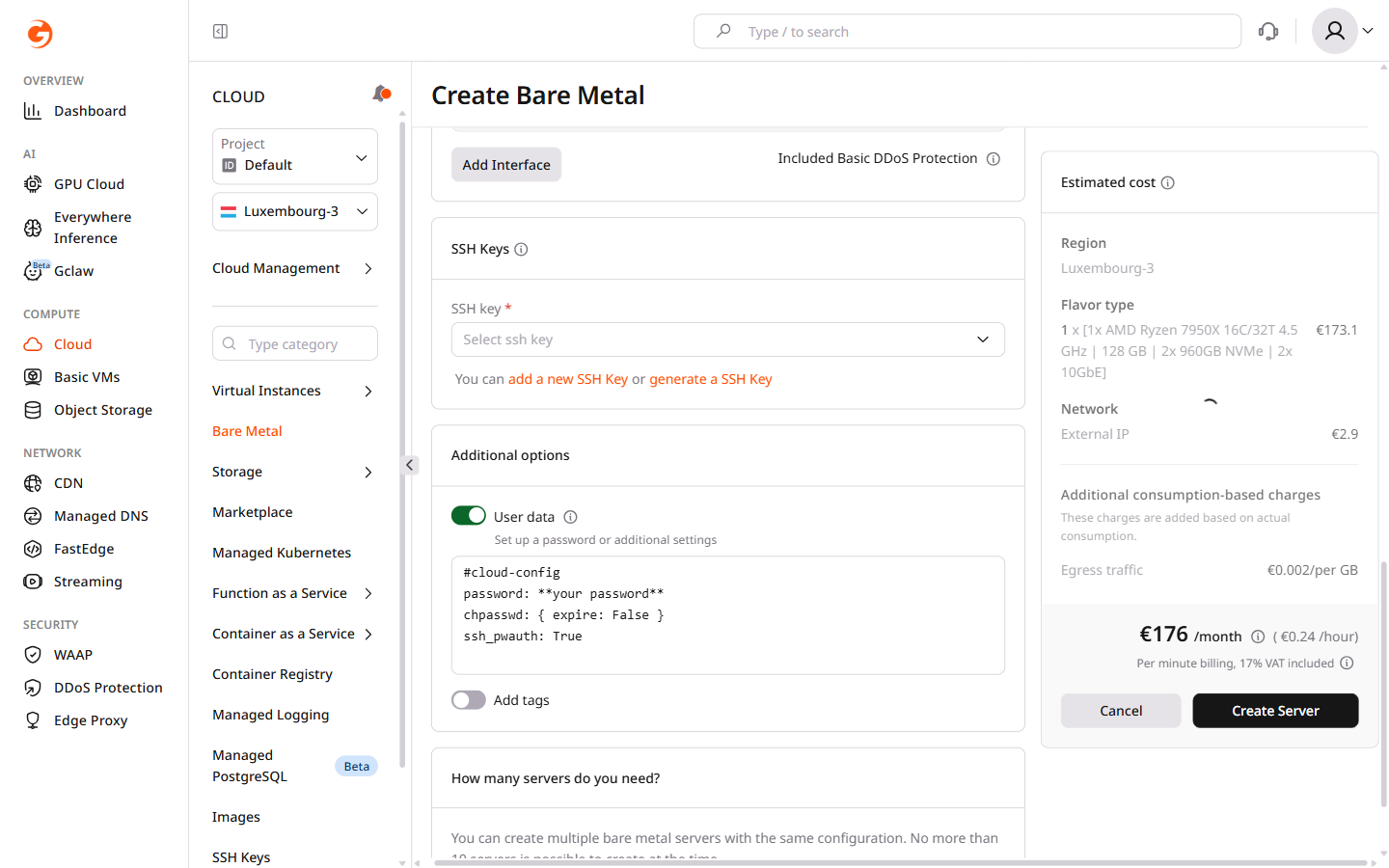 Create Bare Metal page with User data checkbox and script text area