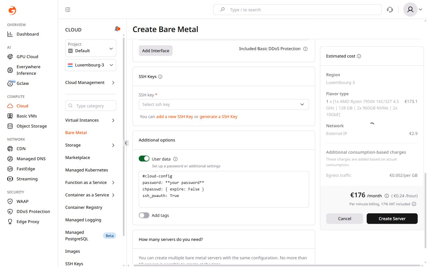Create Bare Metal page with User data checkbox and script text area