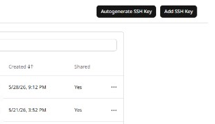 SSH Keys page with Autogenerate SSH Key and Add SSH Key buttons