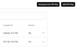 SSH Keys page with Autogenerate SSH Key and Add SSH Key buttons
