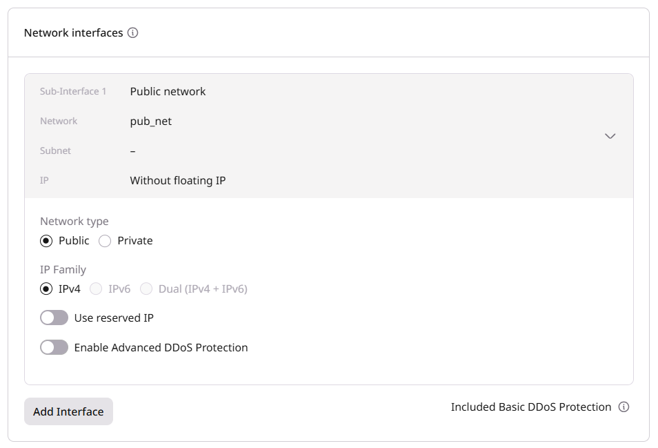 Network interfaces configuration showing Network type, IP Family, and DDoS Protection options