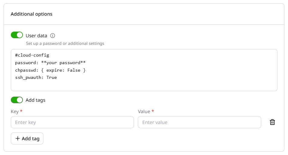 A menu with user data settings