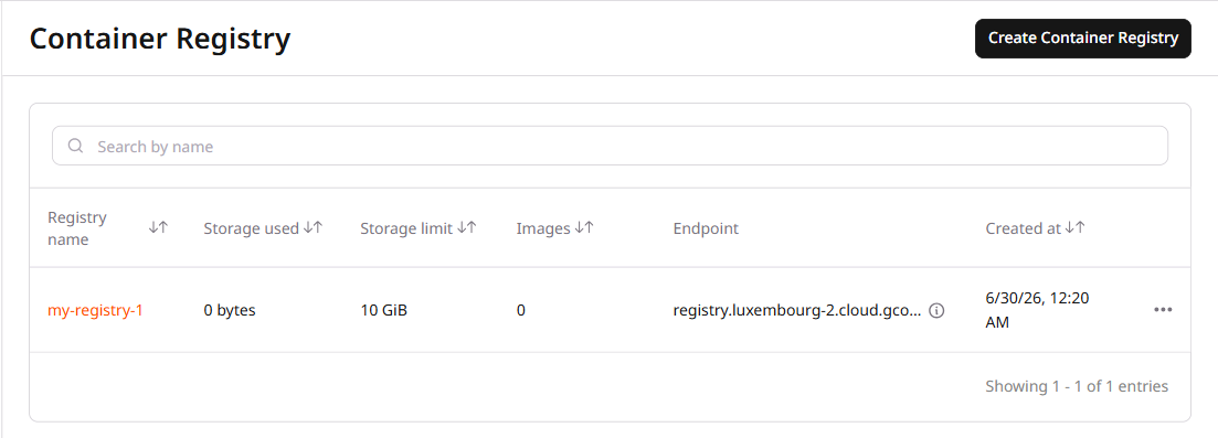 Container Registry list page with Create Container Registry button