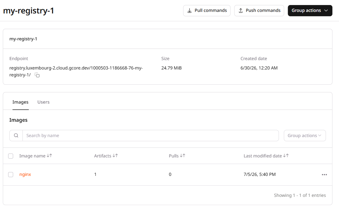 Registry Images tab showing pushed images