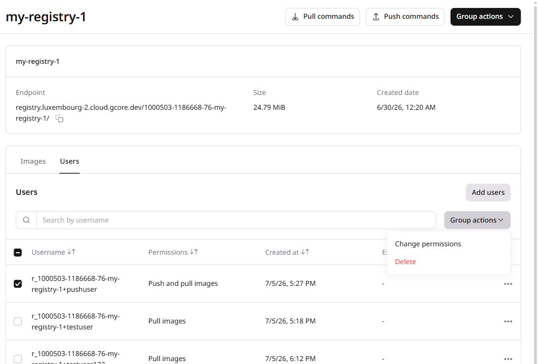 Users tab with one user selected showing Group actions dropdown with Change permissions and Delete options