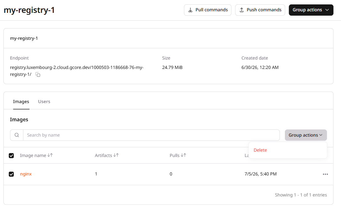 Images tab with one image selected showing the Group actions dropdown with a Delete option