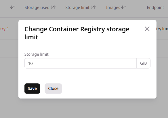 Change Container Registry storage limit dialog with a storage limit field in GiB and a Save button