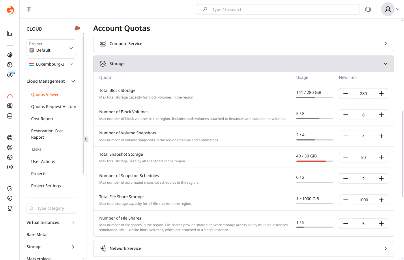 Account Quotas Storage section showing file share limits