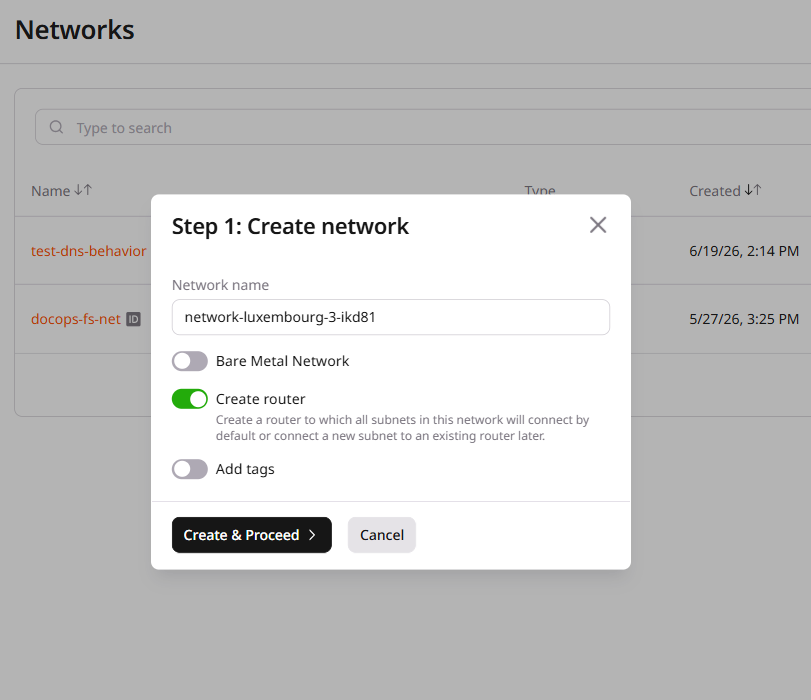 Bare Metal Network toggle