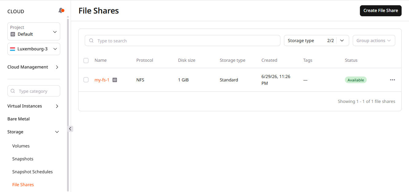 File Shares list page