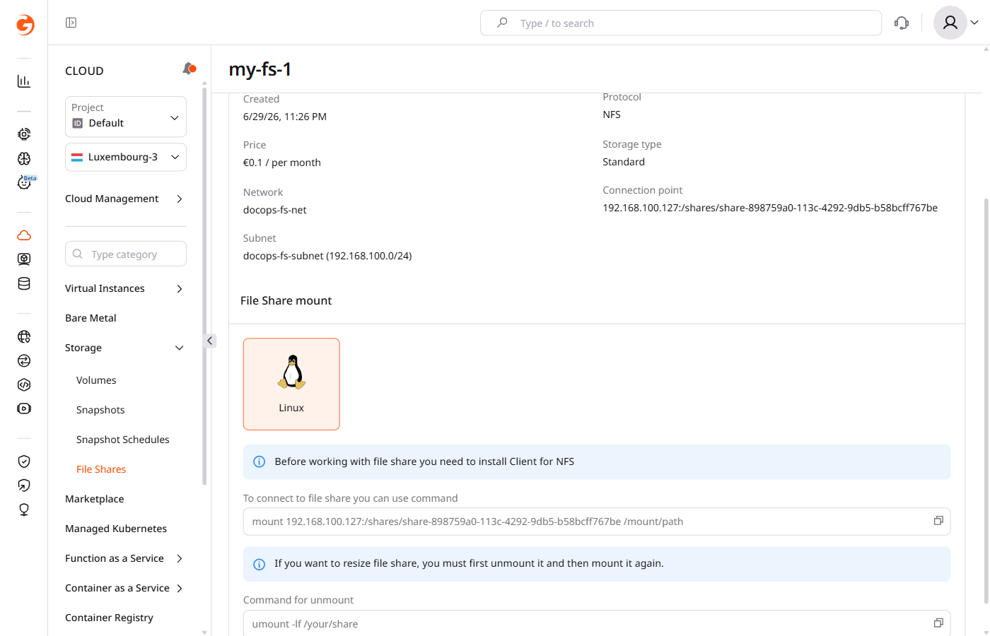 File share Overview tab with mount command