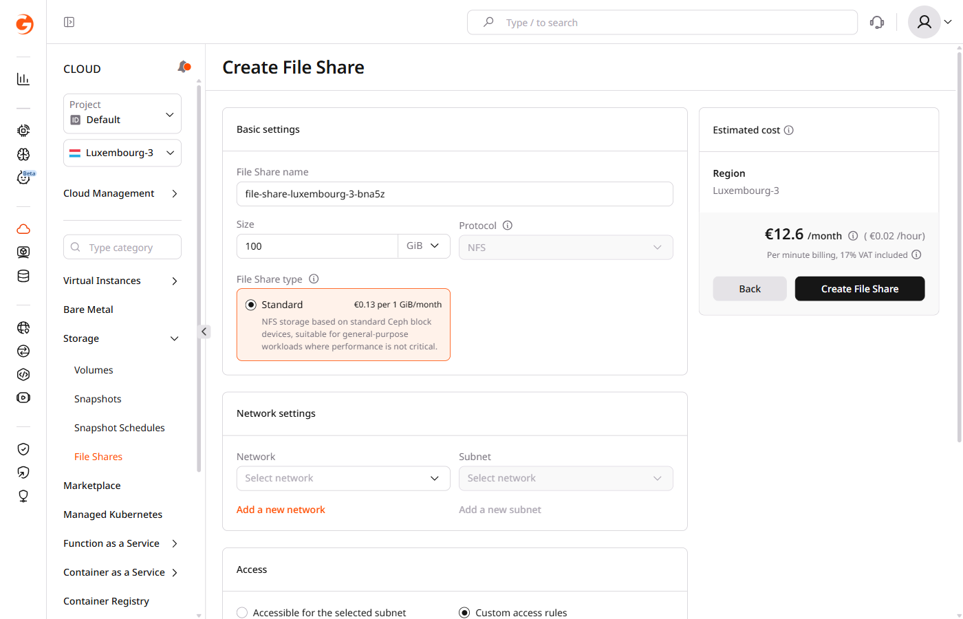 Create File Share form with Standard type selected