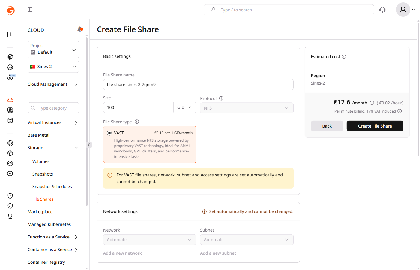 Create VAST file share form