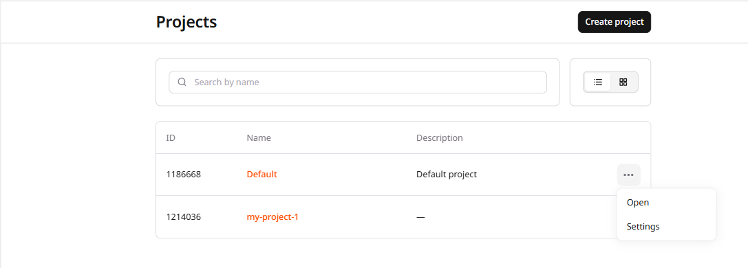 Project settings menu with Open and Settings options