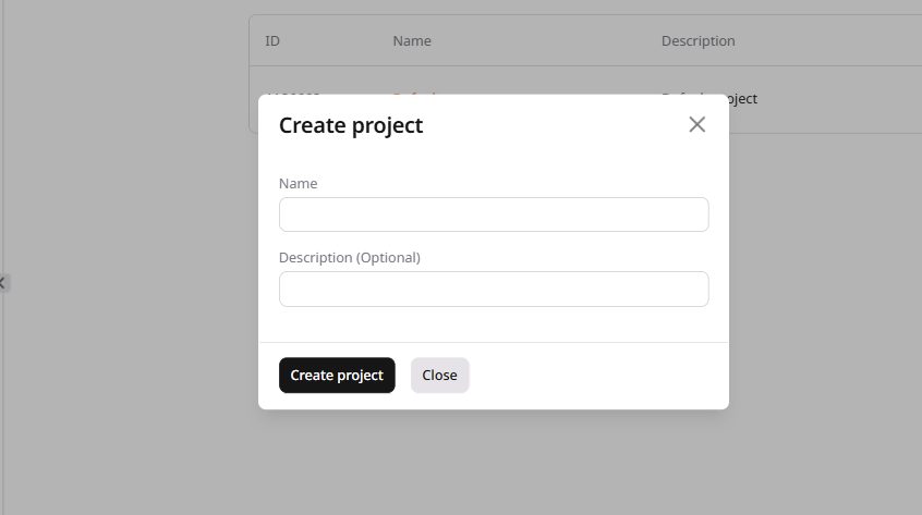 A dialog with configuration of project name and description