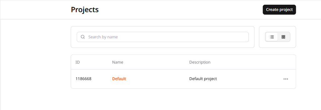 The Projects page with the Create project button highlighted