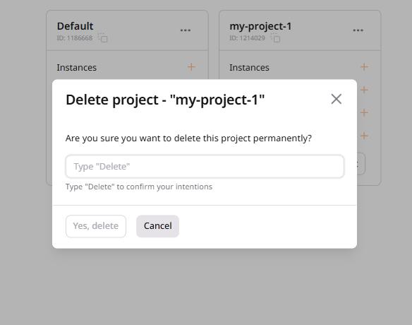 Delete project confirmation dialog