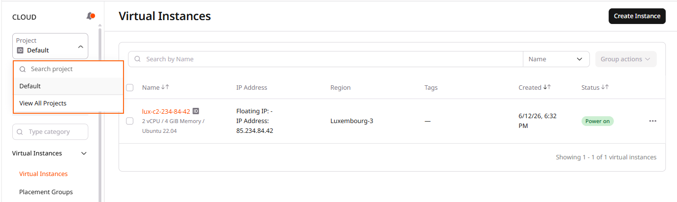 A dropdown displaying a list of projects