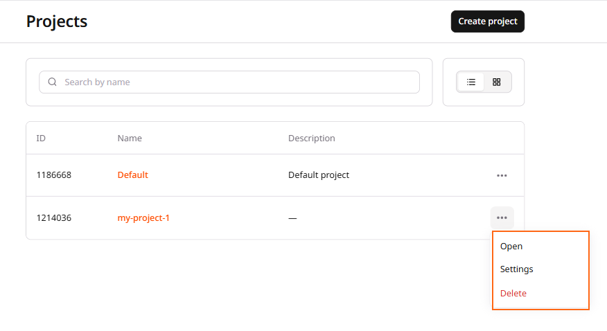 Project settings menu with Open, Settings, and Delete options