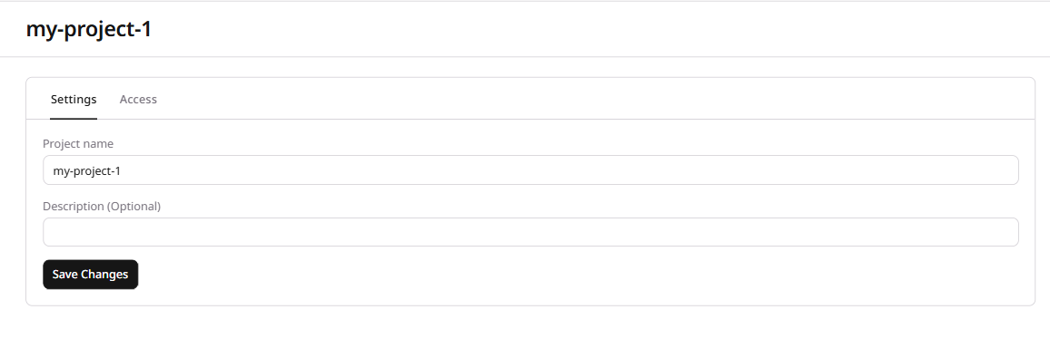 Project settings menu with options to change project name and description