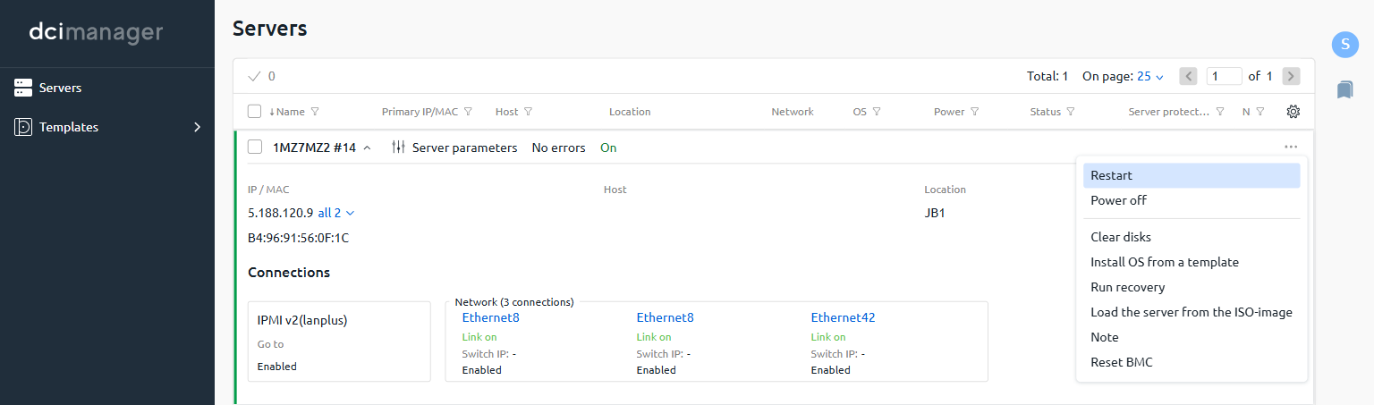 The Servers list in DCImanager with the context menu open and the Restart option highlighted