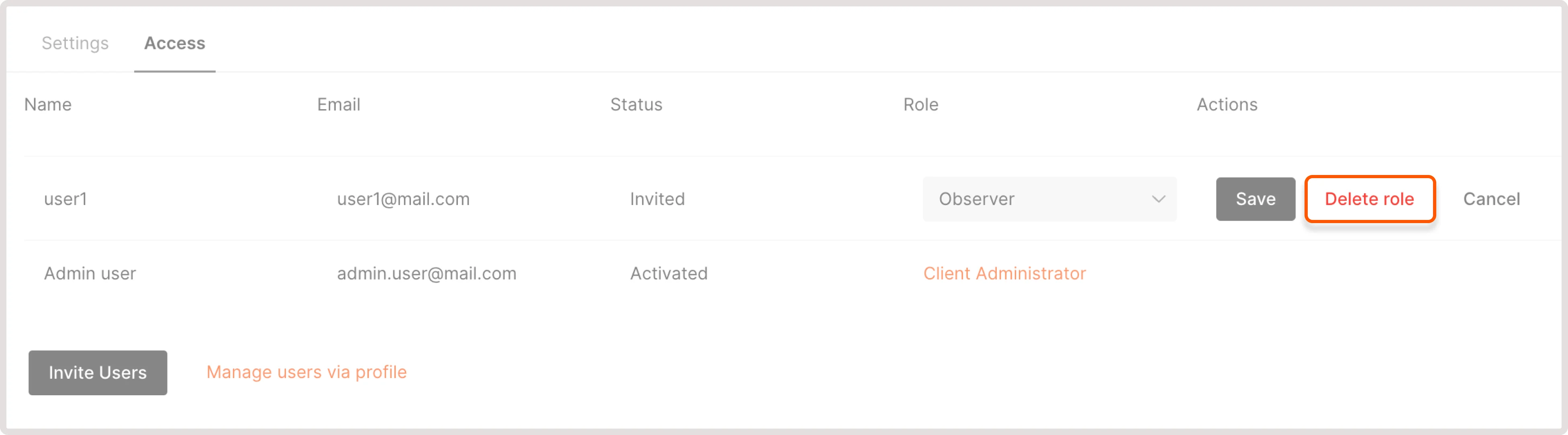 The location of the Delete role button