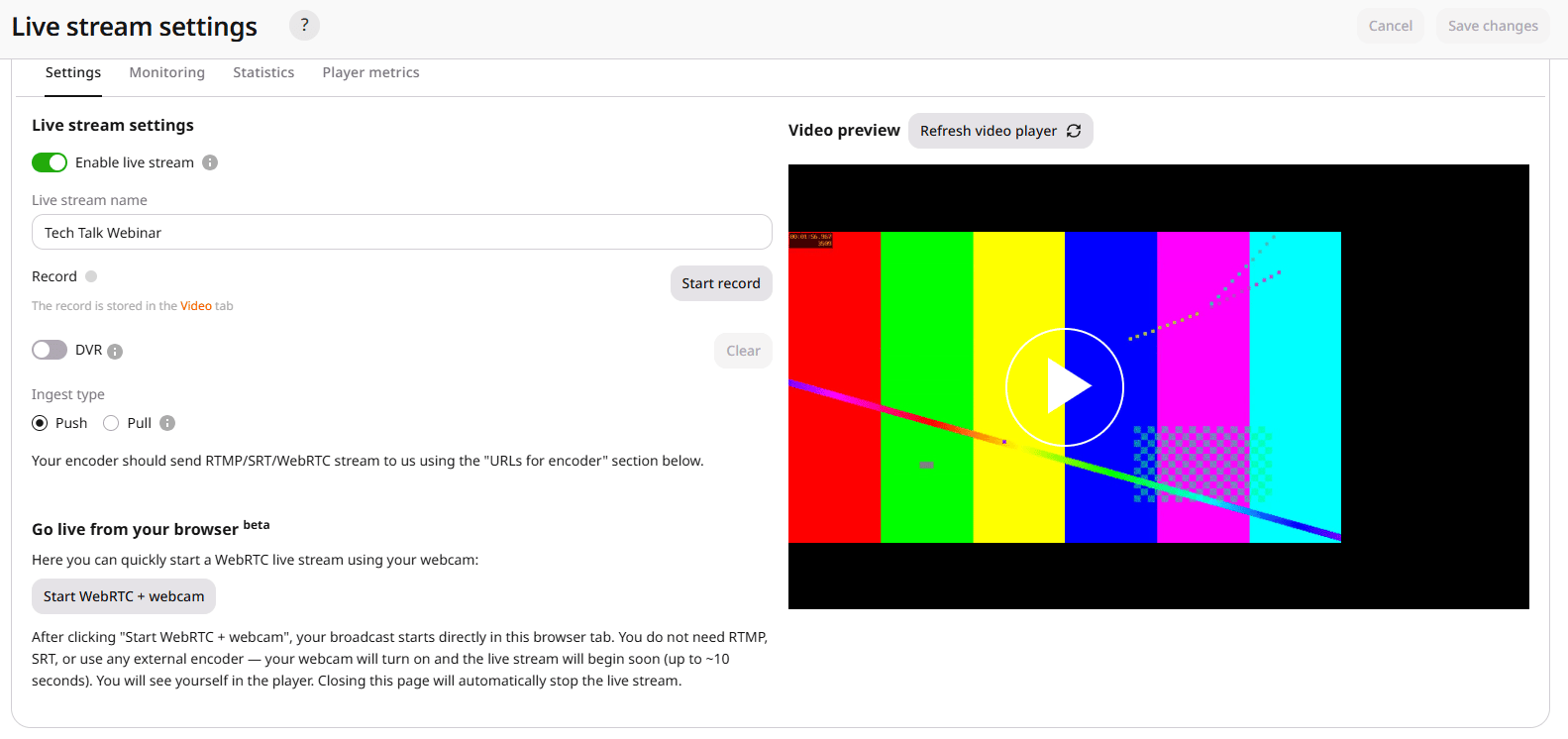 Go live from browser section in live stream settings with the Start WebRTC + webcam button