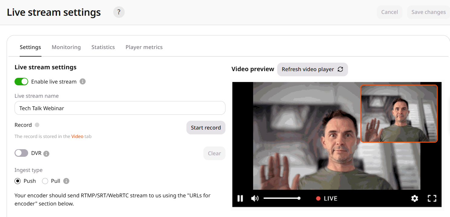 Live stream settings page showing active WebRTC webcam stream with Video preview