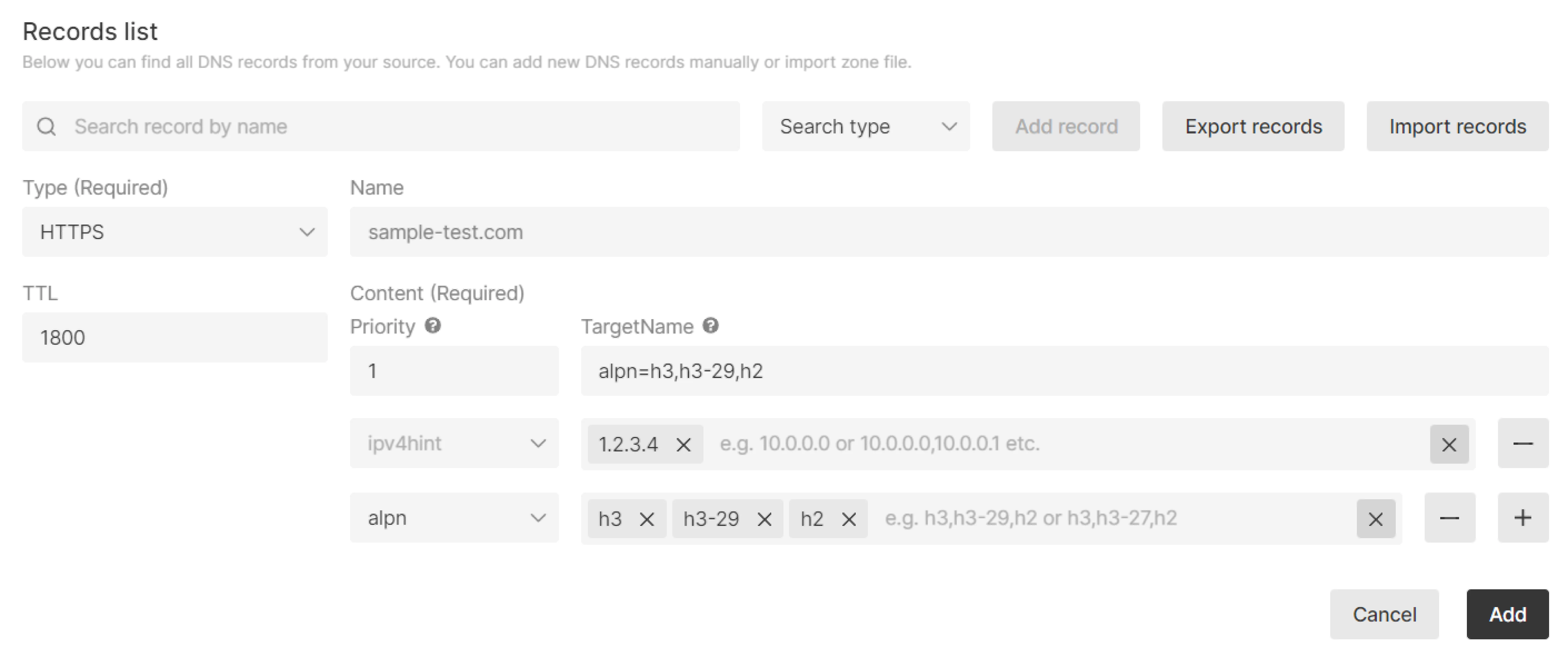 Example of adding an HTTPS record