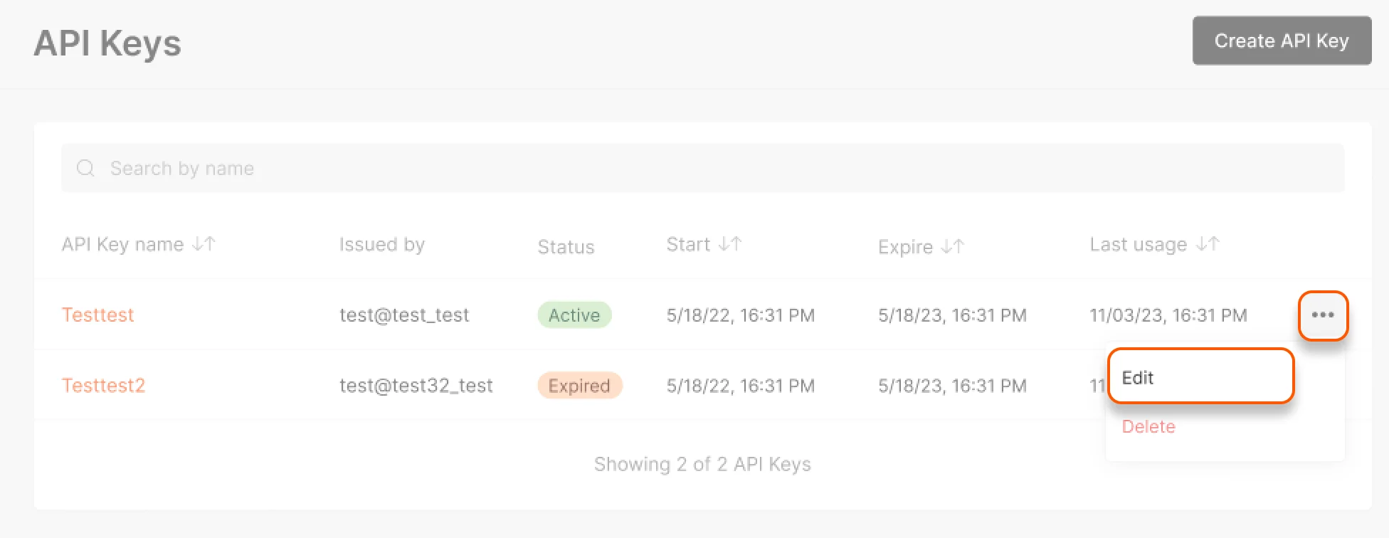 Edit API key settings