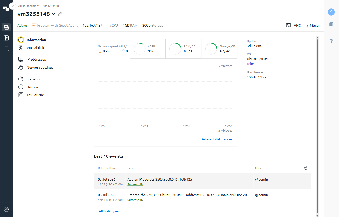 VMmanager 6 information page showing the left sidebar with navigation sections, server resource usage charts, and the last events log