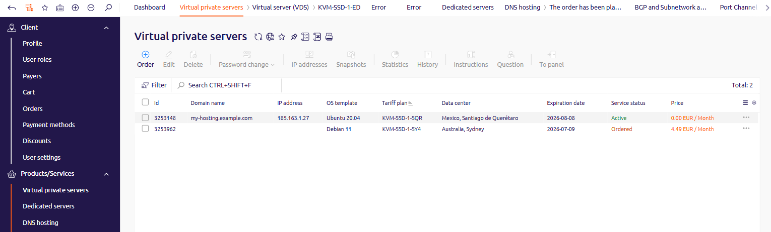 Virtual private servers list with the Order button highlighted in the toolbar