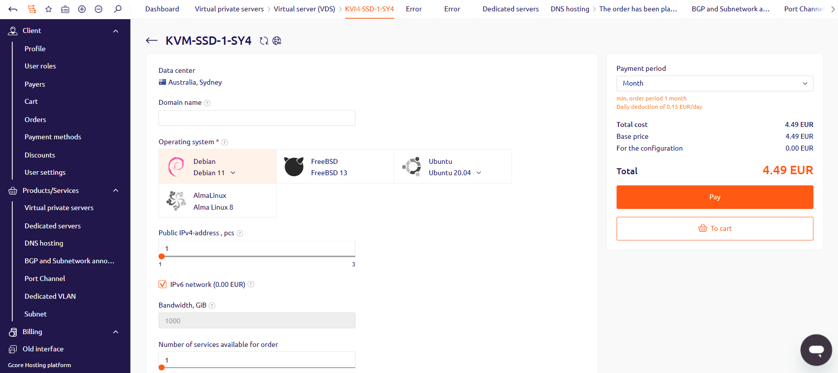Order configuration form showing OS selection, IPv4 slider, IPv6 checkbox, payment period, and Pay button