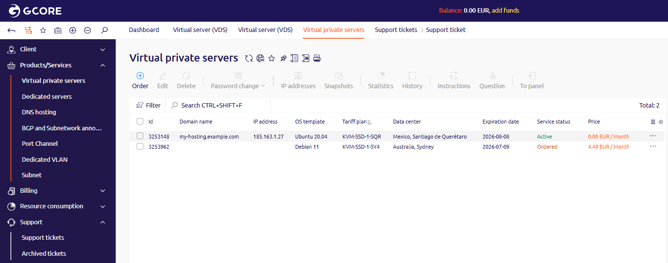 Virtual private servers list showing server ID, tariff plan, data center, expiration date, and service status columns
