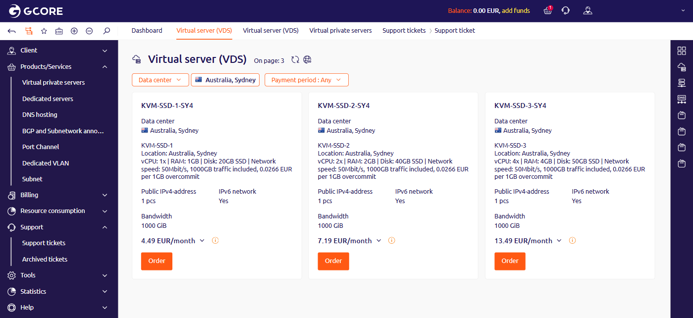 Virtual server plan catalog filtered by data center, showing plan names with vCPU, RAM, disk, bandwidth, and price