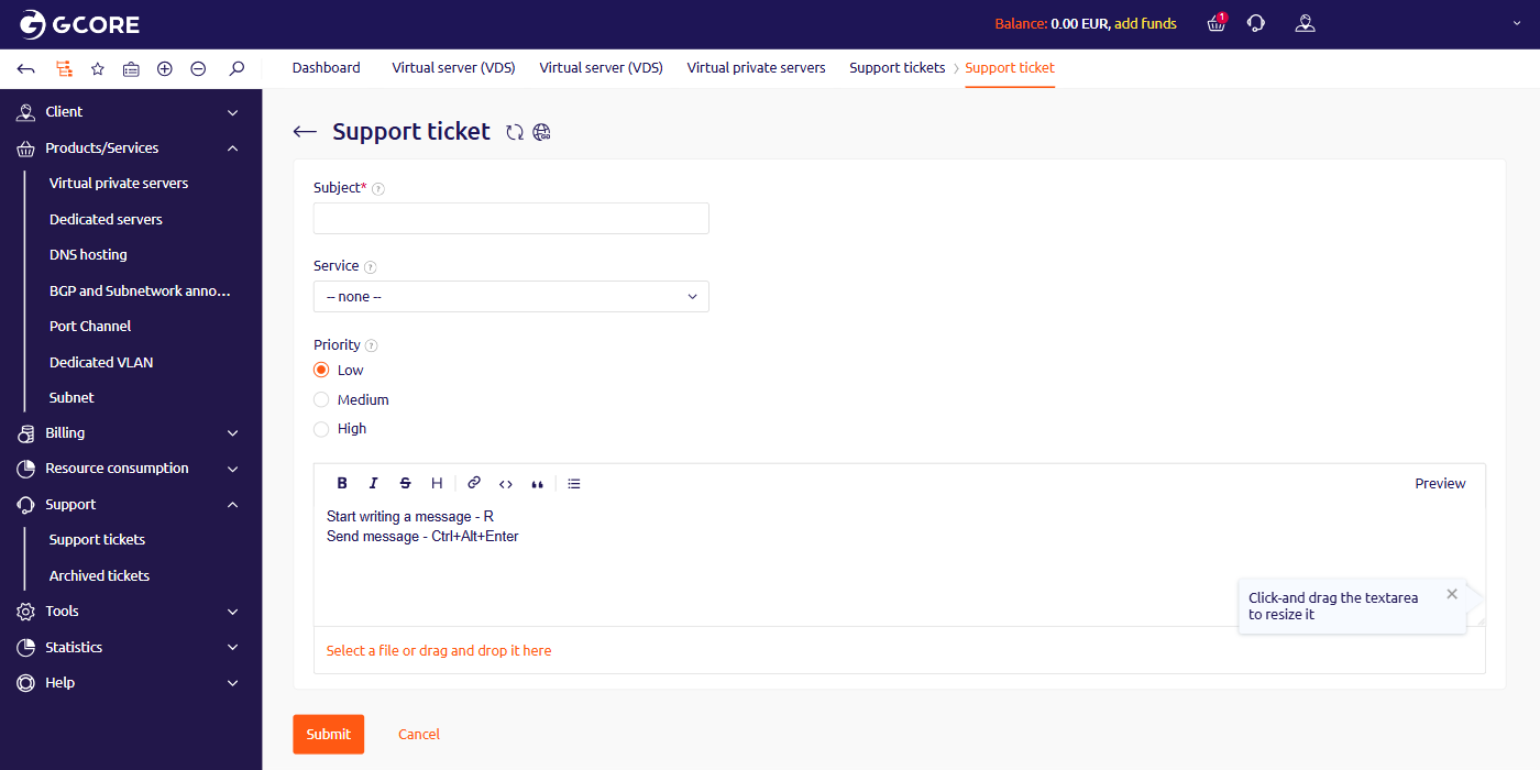 Support ticket form with Subject, Service dropdown, Priority radio buttons, and message area