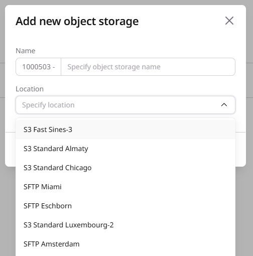 Location dropdown in the Add new object storage dialog showing S3 and SFTP location options