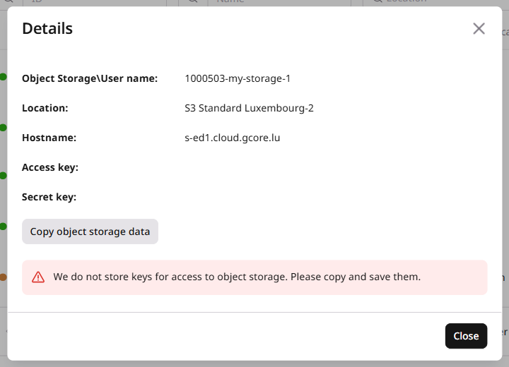 Details dialog showing S3 storage credentials including access key, secret key, and hostname
