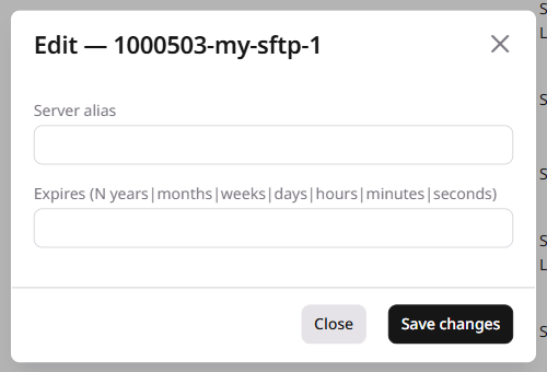 Edit dialog for SFTP storage with Server alias and Expires fields