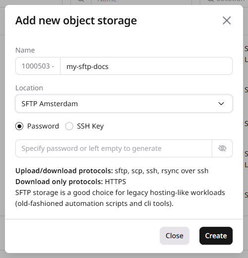 Add new object storage dialog with SFTP Amsterdam location and password authentication fields