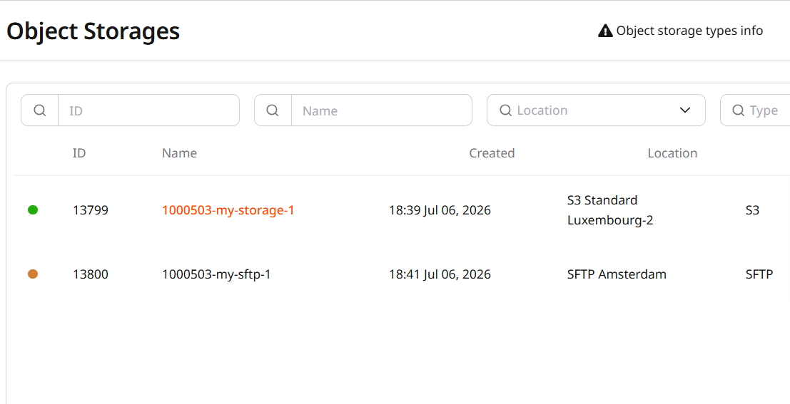 Storage list showing orange and green status circles next to storage entries
