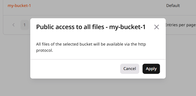 Confirmation dialog for enabling public HTTP access to all files in the bucket