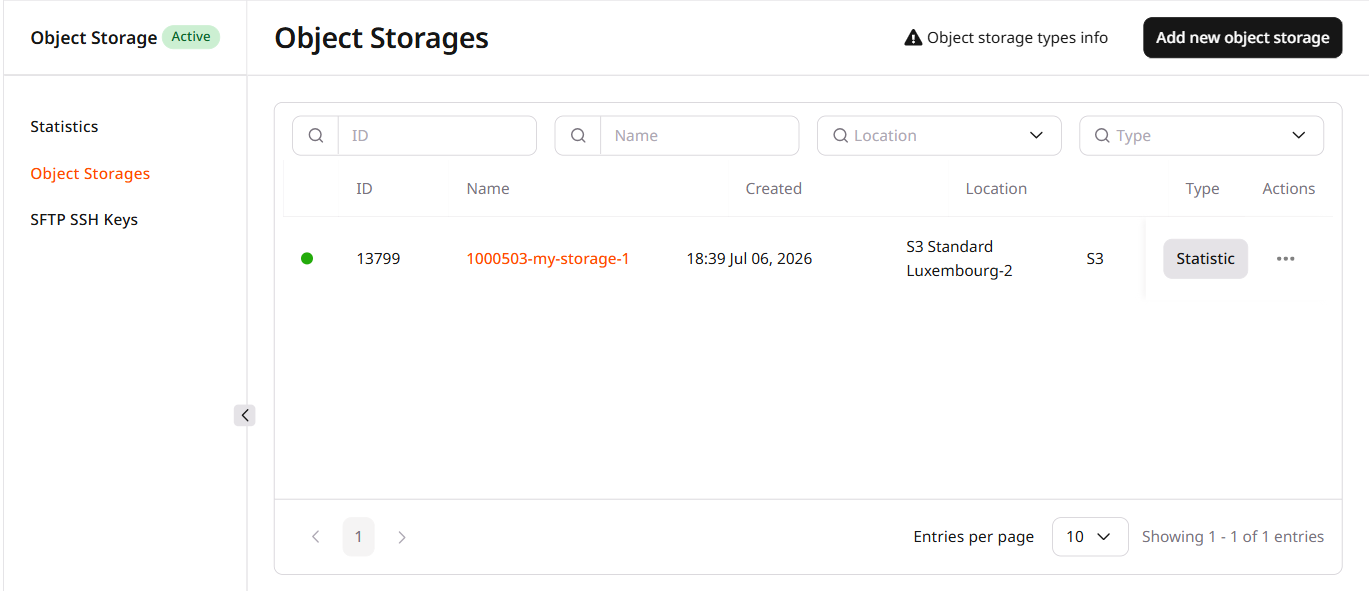 Object Storage list with storage rows