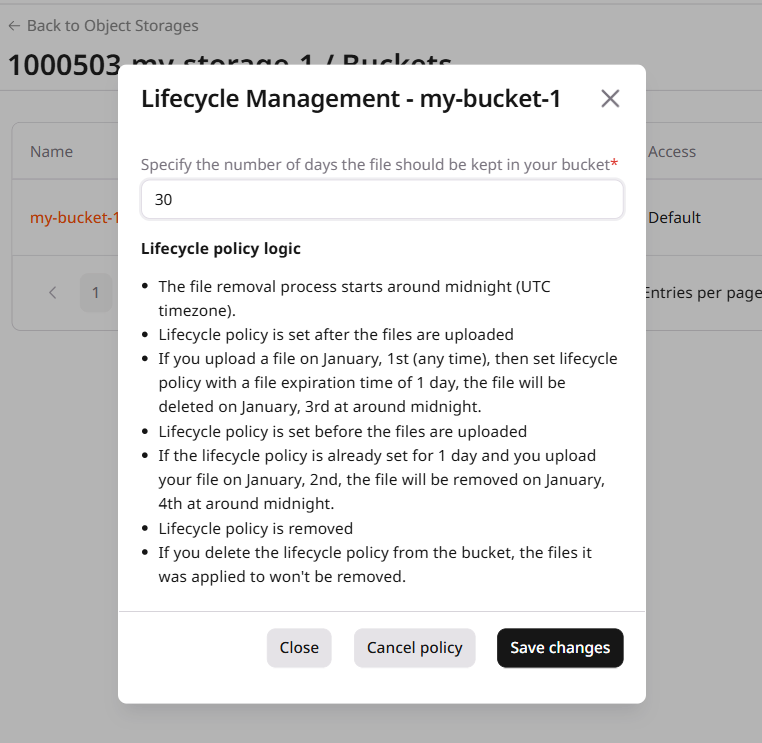Lifecycle policy configuration dialog
