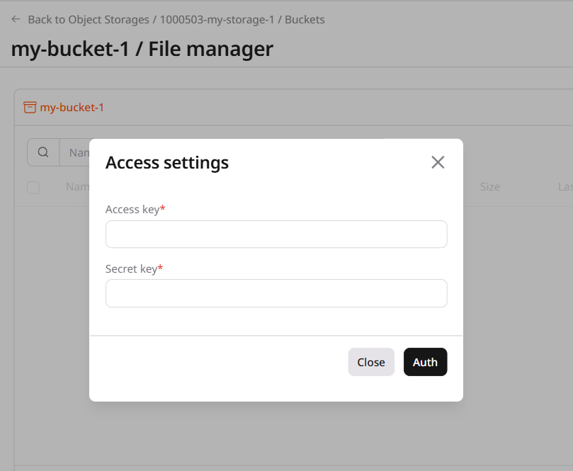 Authorization form for the file manager