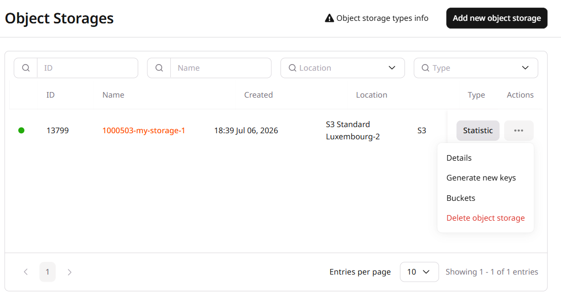 Object storage three-dot menu with the Generate new keys option