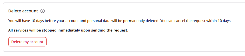 Delete my account button in the General information section