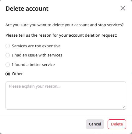 Account deletion survey dialog