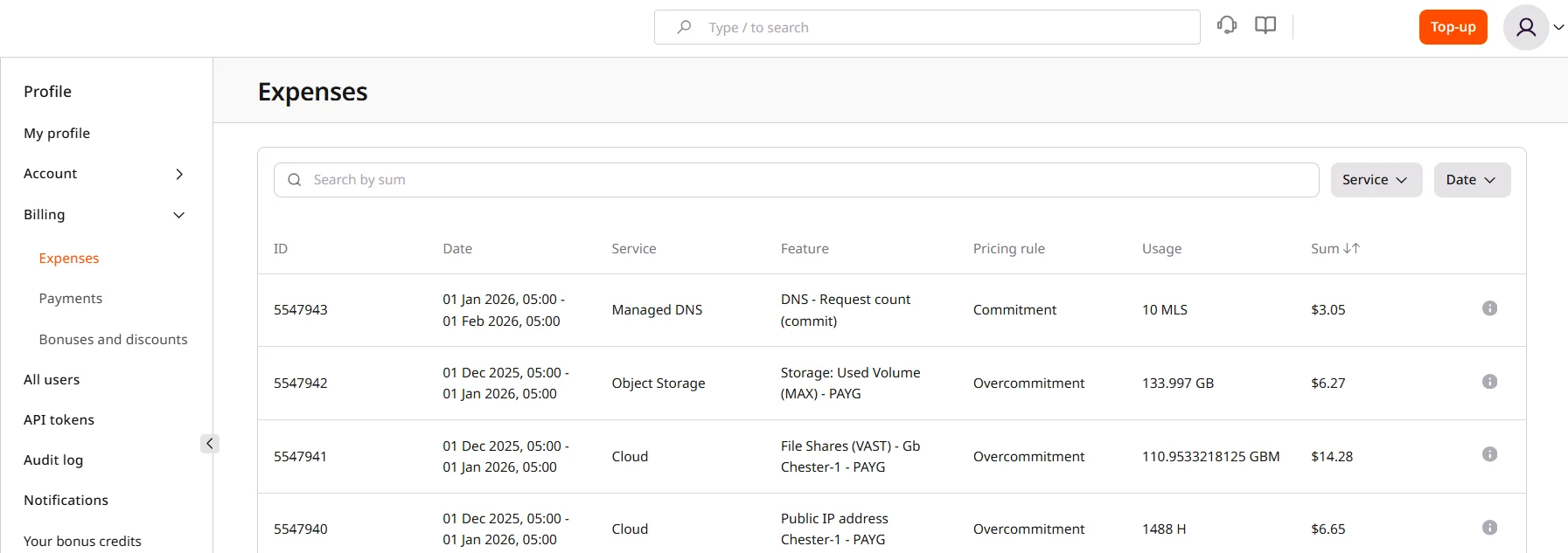Expenses page in the account settings