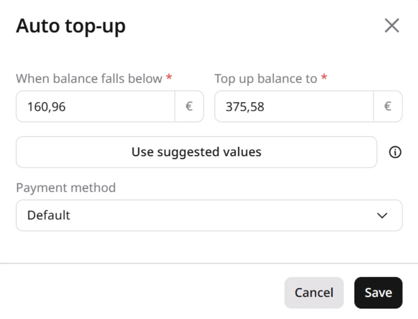 Auto top-up suggested values